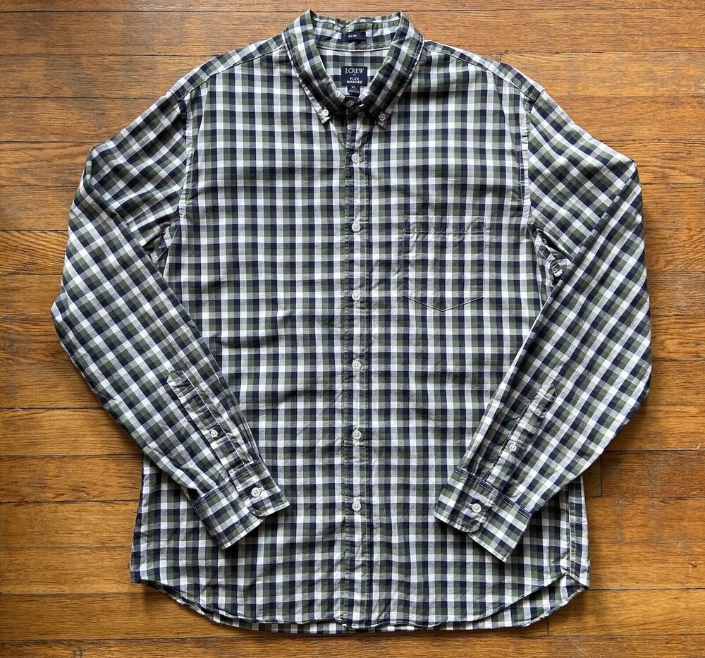 JCREW Slim Flex Washed Green Plaid Shirt Mens sz XL